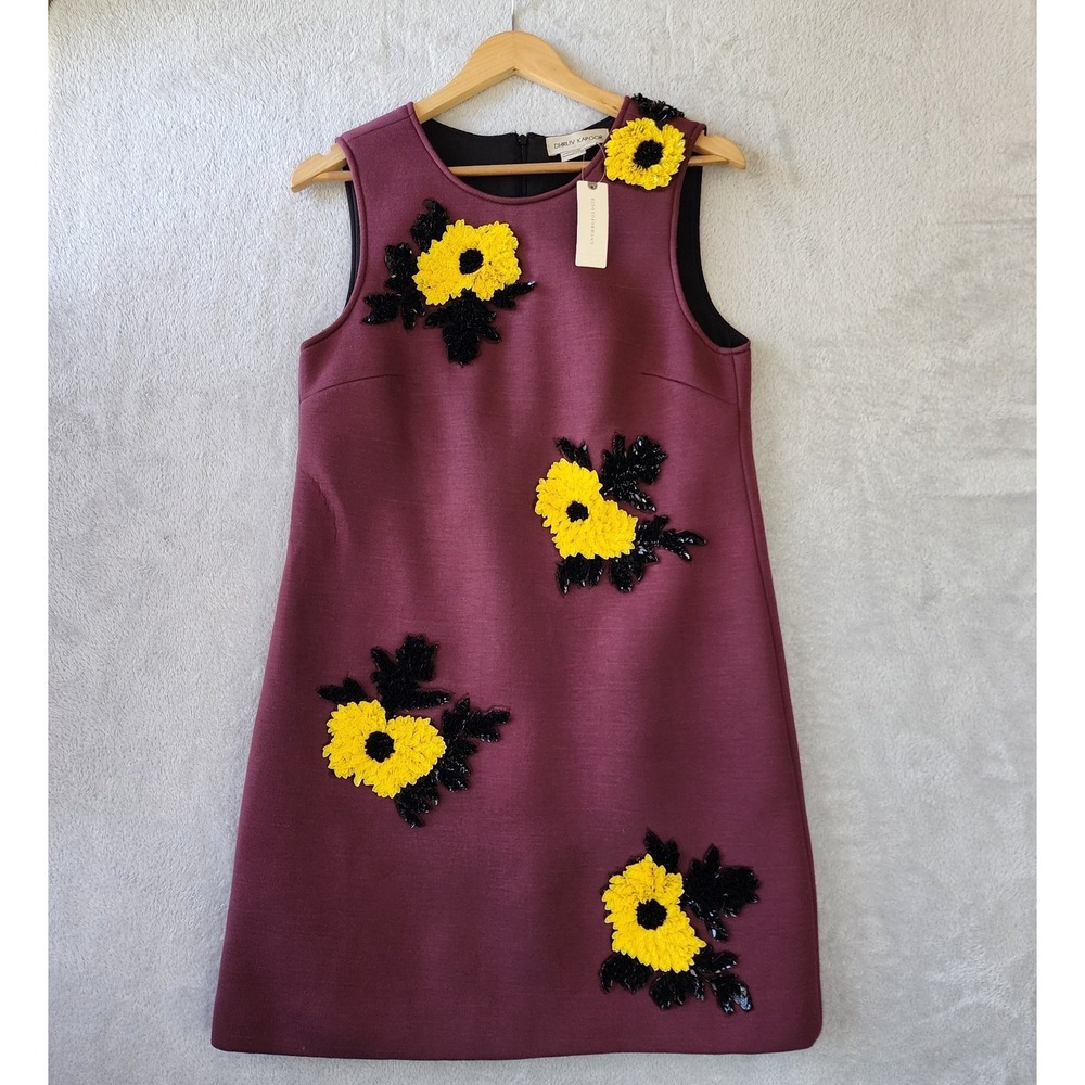 Anthropologie Plum Floral Appliqué Shift Dress with Yellow & Black Flowers